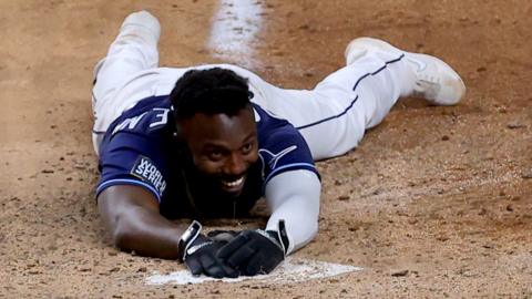 Randy Arozarena smiles after winning game four for the Tampa Bay Rays