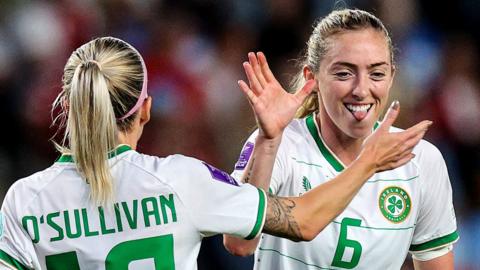Denise O’Sullivan celebrates after scoring a Republic goal with Megan Connolly