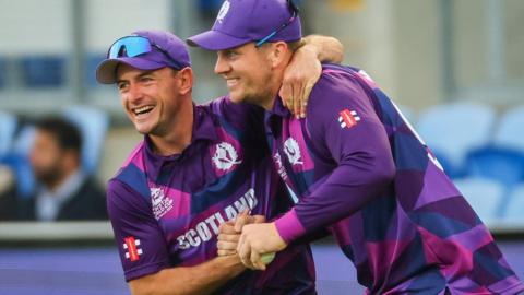 Scotland celebrate taking a wicket against West Indies