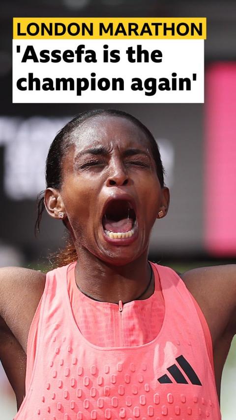 Tigst Assefa celebrates London Marathon win with eyes closed, mouth open and arms outstretched 