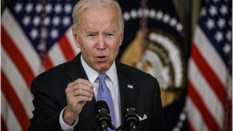 US President Joe Biden speaks during a press conference in the State Dining Room at the White House on November 6, 2021 in Washington, DC