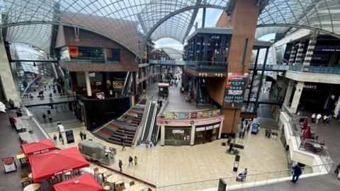 An aerial view of the centre of Cabot Circus shopping centre in Bristol