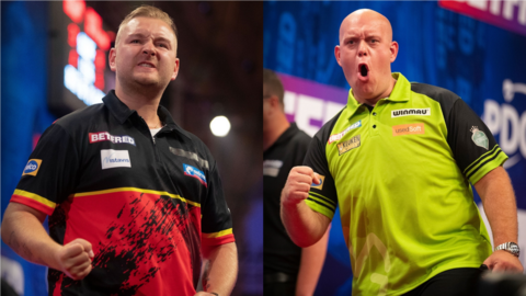 Dimitri Van den Bergh and Michael van Gerwen celebrating