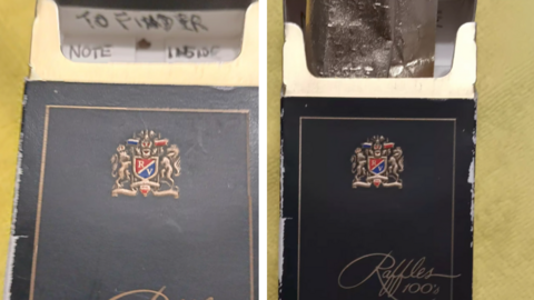A Raffles 100's cigarette packet in two pictures side by side. The black and cream packet is clearly aged with the Raffles crest and the note sticking out from inside. 