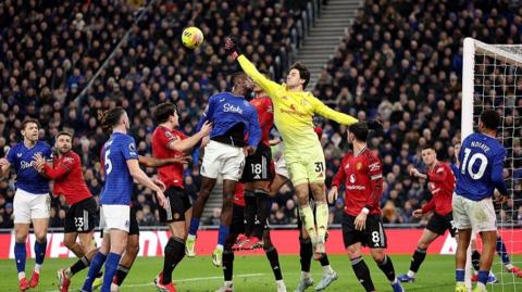 Manchester United's Senne Lammens comes to deal with a corner during the 1-0 win at Everton