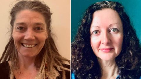 A composite of two portrait photos. On the left is a smiling Stephanie Gale. She has blonde long dreadlocked hair and is wearing a dark top. On the right is Penny Levick who has thick dark brown curly long hair.