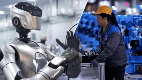 Split image of a humanoid robot (left) and a worker in a robot factory (right)