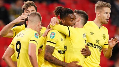 Brentford's Ivan Toney celebrates scoring his side's second goal against Stoke City in the Carabao Cup