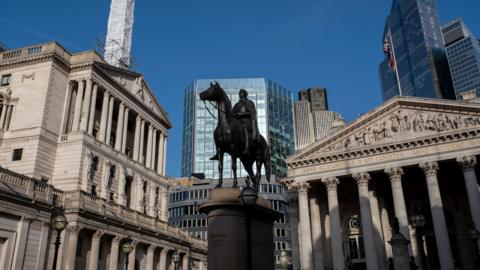 The statue of the Duke of Wellington in the City of London outside the Bank of England