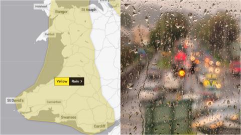 Met Office weather alert map of Wales and image of Swansea taken through raindrop covered window