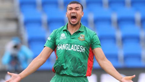 Taskin Ahmed celebrating a wicket for Bangladesh