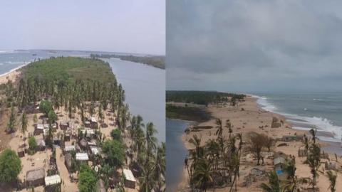 Split screen showing erosion of beach between 2016 and 2019