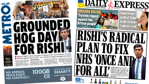 The headline in the Metro reads, "Grounded hog day for Rishi", while the headline in the Express reads, "Rishi's radical plan to fix NHS 'once and for all'"