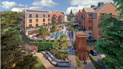 A visualisation of Acorn Property Group's plans. A car park entrance and cafe can be seen on the lowest level with people sitting down, relaxing on a large set of oversized steps. The level above is made up largely of an open terrace with seating for nearby restaurants. There are then three storeys of residential space above the commercial units. The entire area is very green with trees and shrubbery planted all around.