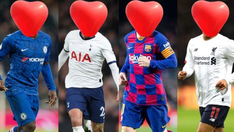 Four footballers, their heads obscured by giant love hearts