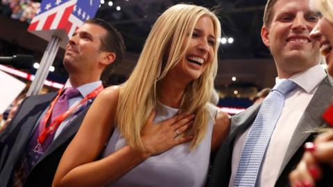Members of Republican U.S. presidential candidate Donald Trump"s family, son Donald Trump Jr. (L), daughter Ivanka (2nd from L), son Eric (2nd from R) and daughter Tifffany celebrate after their father won the nomination at the Republican National Convention in Cleveland, Ohio, U.S. July 19, 2016.