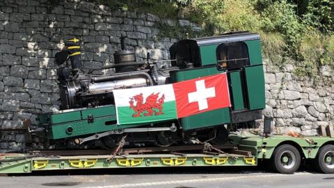 Swiss train Loco No 2 with Welsh and Swiss flags