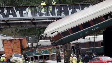 An Amtrak passenger train derailed on a bridge over interstate highway I-5 in DuPont, Washington, US December 18, 2017