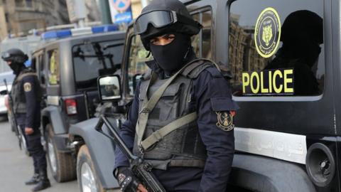 Egyptian members of security forces stand guard on the sixth anniversary of the 2011 uprising, at Tahrir Square in Cairo, Egypt, January 25, 2017