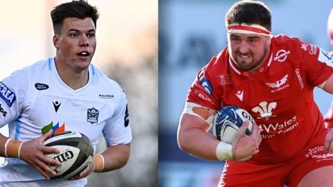 Huw Jones of Glasgow and Wyn Jones of Scarlets in action for their teams