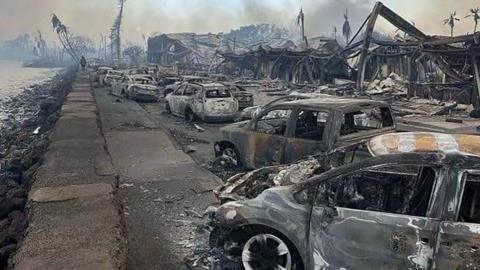 Burned out cars and the remains of buildings in Lahaina town, Maui, Hawaii, USA, 09 August 2023