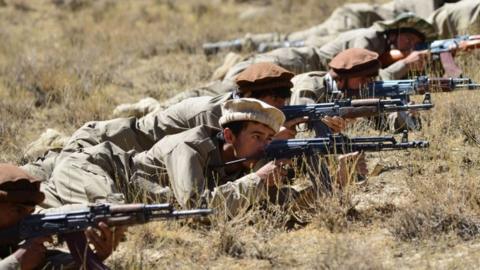 Afghan resistance movement and anti-Taliban uprising forces take part in a military training in Panjshir province on 2 September