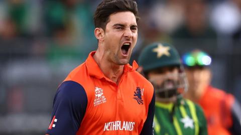 Brandon Glover celebrates taking a wicket for the Netherlands