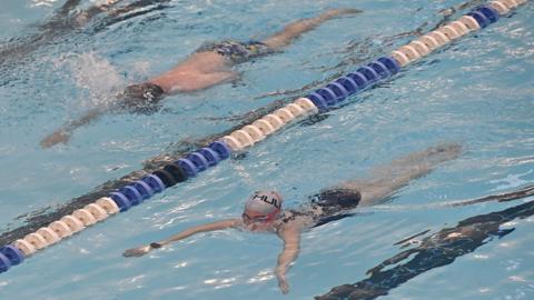 Members of the public swim in a leisure centre swimming pool