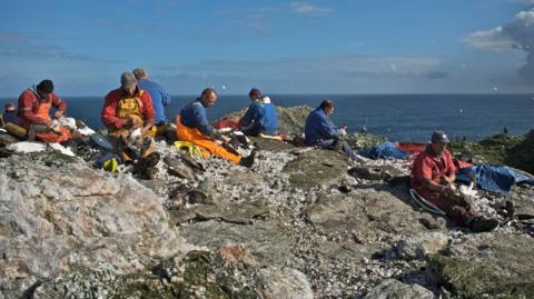A group of seven men sit among rocks on Sula Sgeir processing guga. They are wearing overalls, including blue boiler suits and orange oilskin trousers. The sky is blue and the sea below is flat calm.