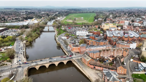 Birds-eye view of Worcester city centre showing the River Severn