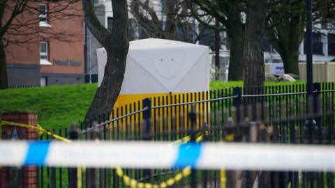 A Police tent at Rawnsley Park near to the scene in the St Philips area of Bristol where a 16-year-old boy has died after being stabbed on Wednesday evening.