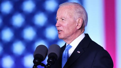 US president Joe Biden delivers a speech at the Royal Castle in Warsaw, Poland, 26 March 2022