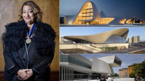 Dame Zaha Hadid with three buildings she has designed