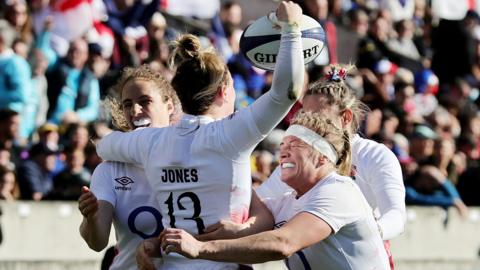England celebrate Meg Jones' first-half try
