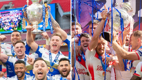 Leeds in 2020 with the Challenge Cup (left) and St Helens triumphant a year later