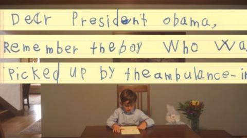 Alex, 6, from New York, reads his letter to the US President in a White House-produced video