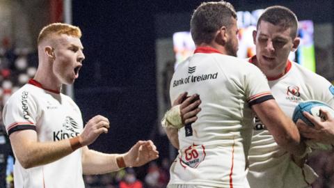 Ulster's Nick Timoney celebrates scoring his side's fourth try against Glasgow Warriors