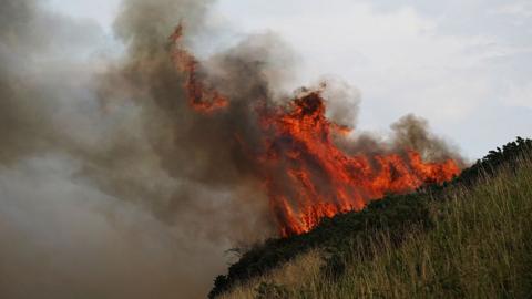 Flames and smoke rise from moorland