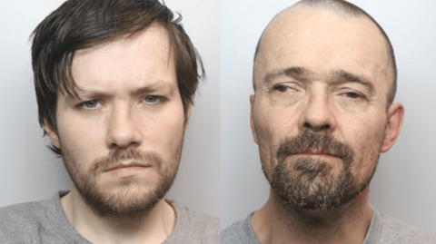 A mugshot of Jordan Downs and Paul Simmons. Jordan has long brown hair and a brown beard. Paul has very little hair and has a short brown beard.