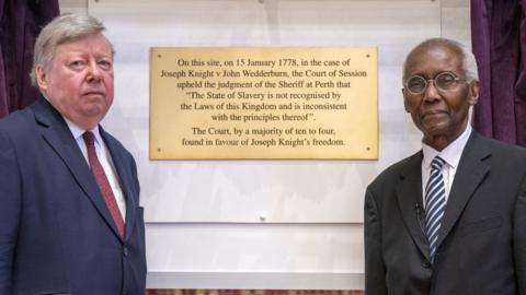 Lord Carloway and Sir Geoff Palmer with plaque