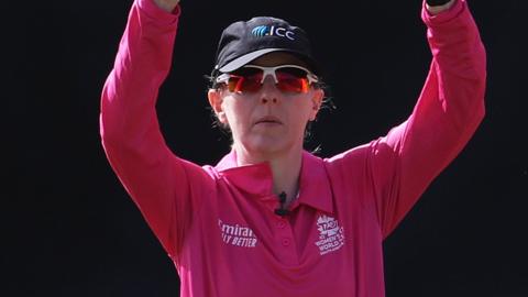 Kim Cotton signals a six during the ICC Women's T20 World Cup