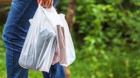Shopper carrying plastic bags