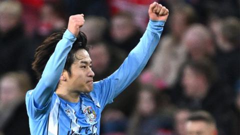 Coventry City player Tatsuhiro Sakamoto celebrates after scoring the first Coventry goal during the Sky Bet Championship match between Middlesbrough and Coventry City at Riverside Stadium