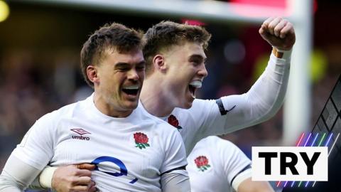 England celebrates their first try against Scotland in the Six Nations