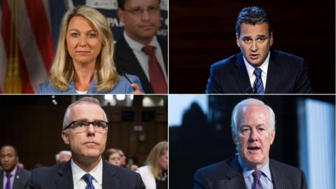 From left to right. Top row: New York Appeals Court Judge Michael Garcia and lawyer Alice Fisher; bottom row: Acting FBI Director Andrew McCabe, Republican Senator John Cornyn