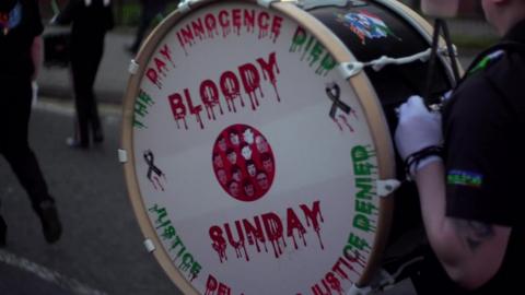 Bloody Sunday inspired design on marching band drum