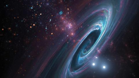 Digitally created 3-dimensional starry sky with galaxies, nebulae, gas clouds, black holes and dark matter based on fractal flame mathematics.