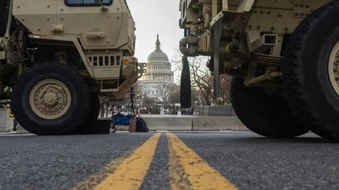 National Guard troops block traffic near the Capitol on 19 January 2021 in Washington, DC.