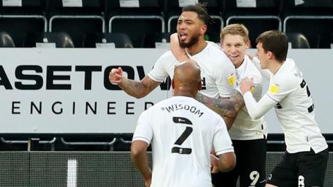 Derby County players congratulate Colin Kazim-Richards after his stunning first-half goal against Middlesbrough