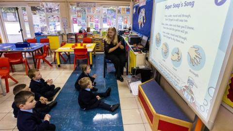 A teacher and young schoolchildren in a classroom